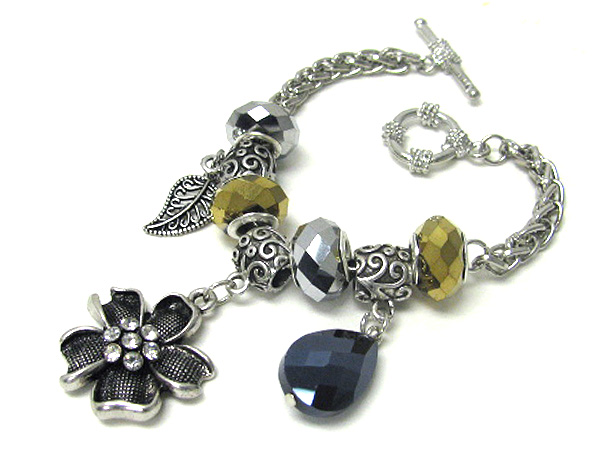 Crystal center flower and leaf charm bracelet