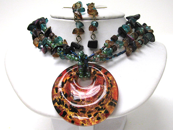 Murano glass pendant and seed bead multi chain necklace earring set