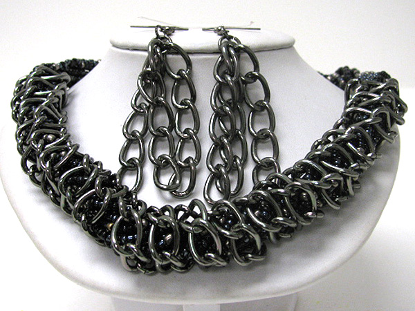 Seed bead and chain wrap necklace earring set