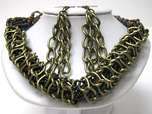 Seed bead and chain wrap necklace earring set