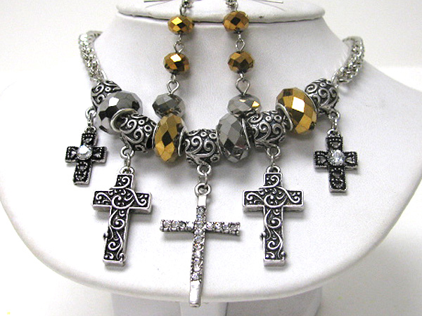 Crystal stud and metal filigree multi cross charm necklace earring set