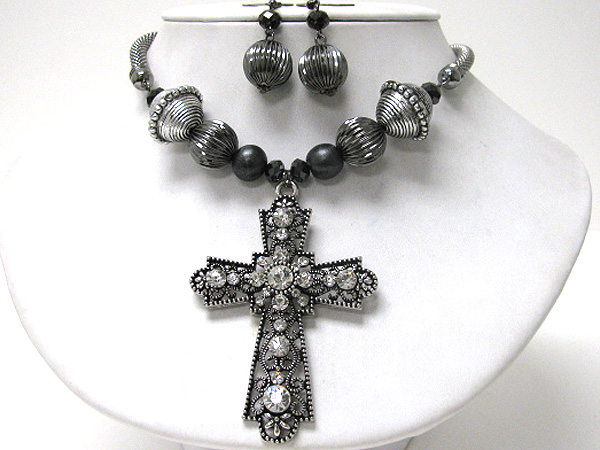 Crystal stud cross and metal ball link chain necklace earring set