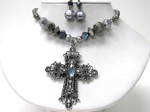 Crystal stud cross and metal ball link chain necklace earring set