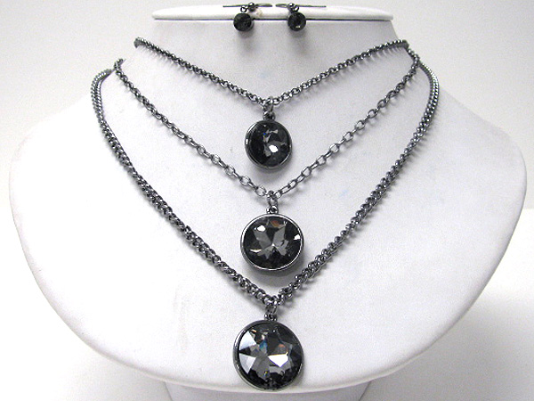 Large facet glass triple chain past present future necklace earring set