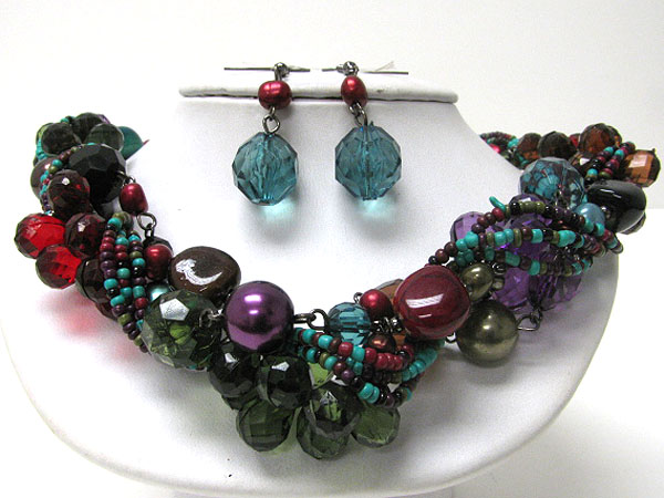 Braided mixed beads and stone necklace earring set