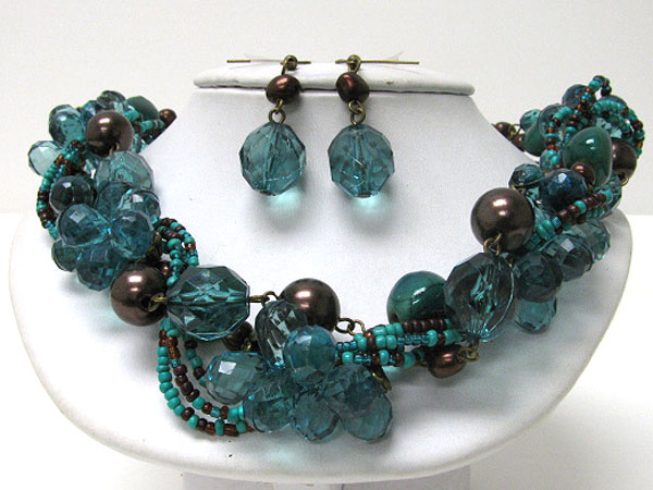 Braided mixed beads and stone necklace earring set