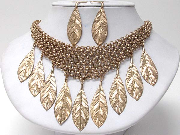 Multi metal leaf drop and net chain necklace earring set