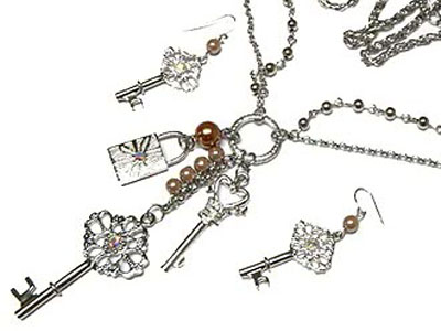 Multi key and lock dangle necklace and earring set