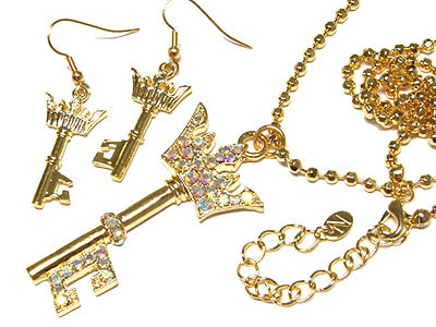 Crystal crown key necklace and earring set