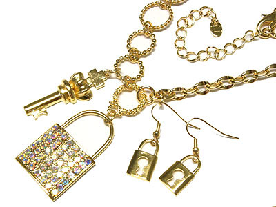 Crystal lock and key necklace and earring set