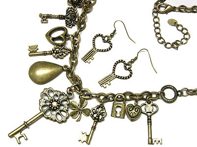 Multi key and charm dangle necklace and earring set