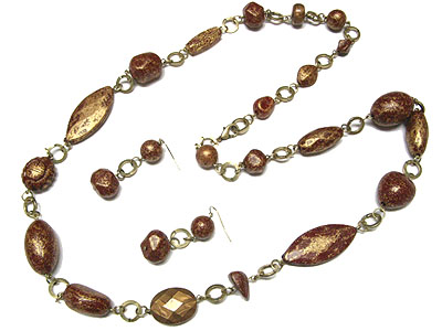 Patina beads long necklace and earring set