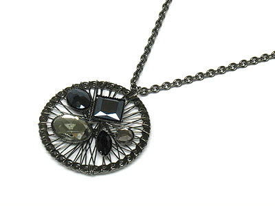 Large epoxy stone deco round metal pendant necklace