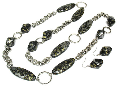 Long patina stick and chain link long necklace and earring set