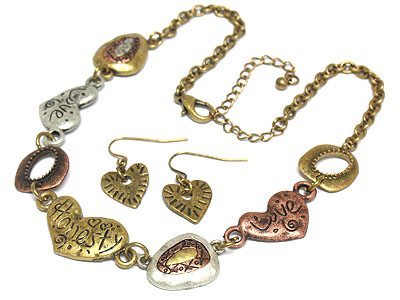 Antique style burnish metal heart link necklace and earring set - love honesty