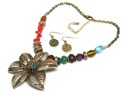 Antique style burnish metal flower and multi beads necklace and earring set