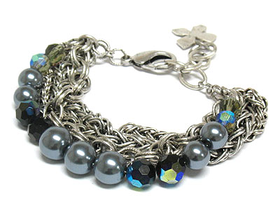 Pearl beads and multi line metal chain bracelet