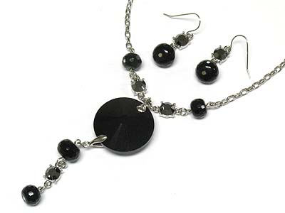 Round facet cut acryl stone and crystal dangle necklace and earring set