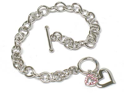 Crystal deco  dual heart charm toggle bracelet