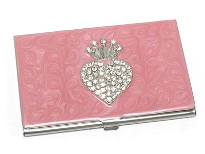 Crystal stone heart and crown business card holder