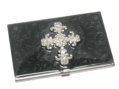 Crystal stone cross business card holder