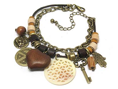 Multi charms and wood beads double strand bracelet