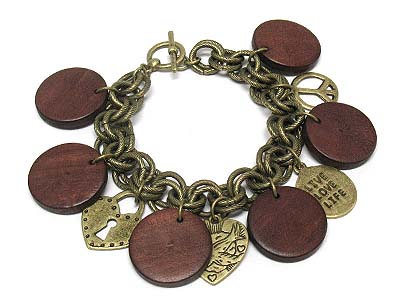 Multi round wood disk charms and metal  heart and peace charms toggle bracelet