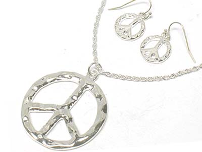 Metal peace pendant necklace and earring set 