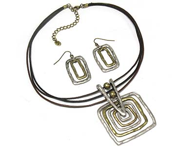 Multi metal square frame and triple cords necklace and earring set 