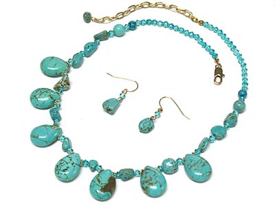 Multi turquoise tear shape deco acryl beads necklace and earring set