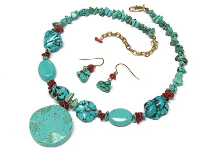 Round turquoise stone pendant and multi shape turquoise stone deco necklace and earring set