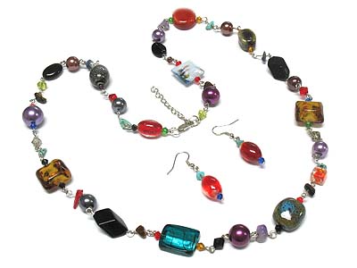 Multi shape beads and germ stone color necklace and earring set