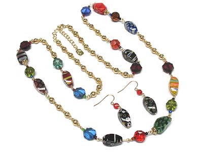 Multi flower pattern glass and metal beads long necklace and earring set 