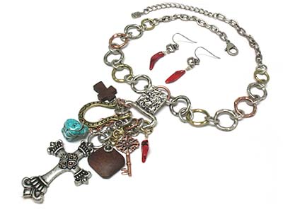 Metal cross and multi charms round chain necklace and earring set 