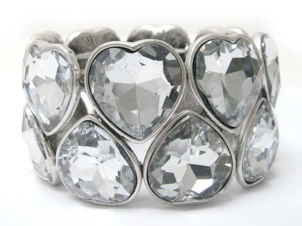 Facet stone deco metal heart link stretch bracelet