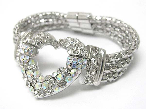 Crystal stud heart and triple metal chain link magnetic clasp bracelet