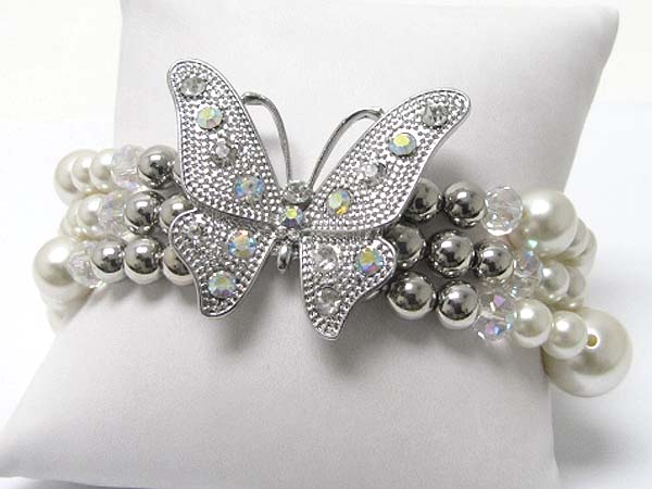 Crystal stud butterfly and triple row beads stretch bracelet