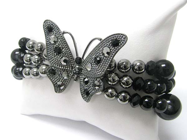 Crystal stud butterfly and triple row beads stretch bracelet