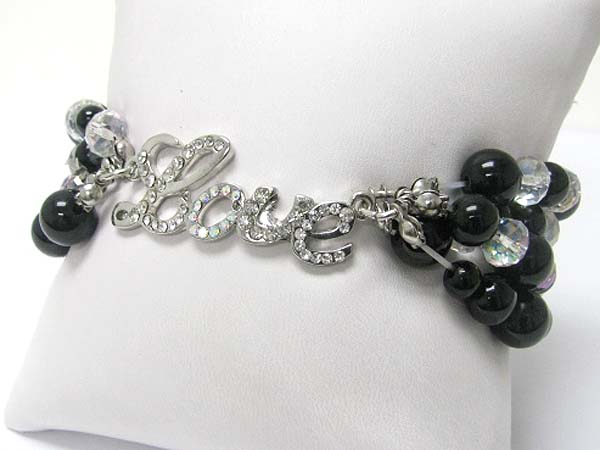 Crystal stud love and triple row beads stretch bracelet