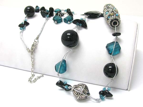 Metal and acryl mixed beads long necklace earring set 