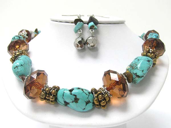 Chunky turquoise stone and facet glass beads link necklace earring set