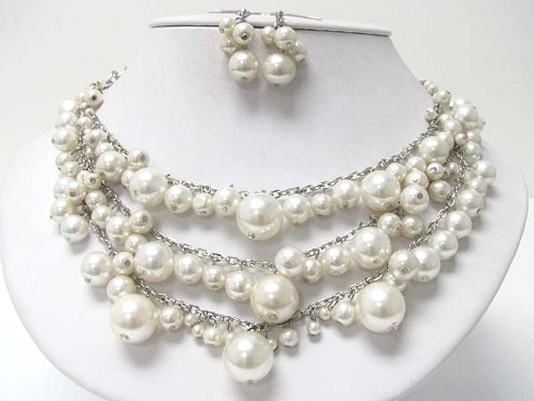 Triple strand mixed pearl ball dangle necklace earring set