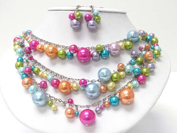 Triple strand mixed pearl ball dangle necklace earring set