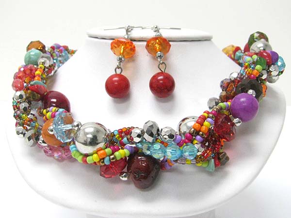 Multi strand mixed beads braided necklace earring set