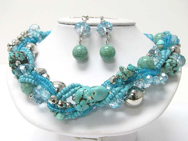 Multi strand mixed beads and stone braided necklace earring set