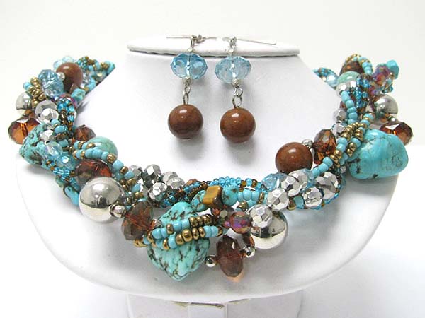 Multi strand mixed beads and stone braided necklace earring set