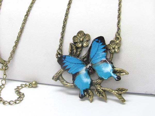 Metal art paint butterfly pendant long chain necklace