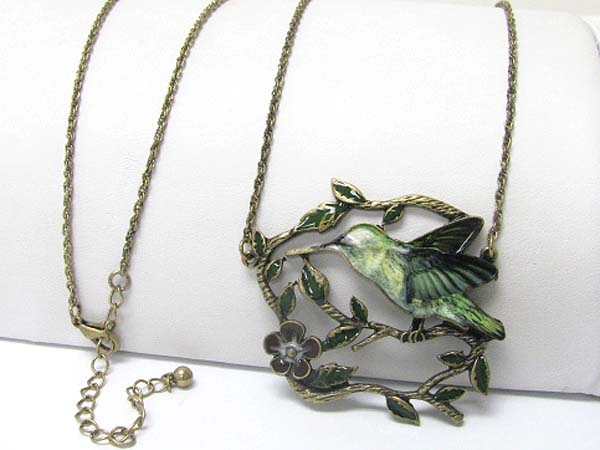 Metal art paint bird pendant long chain necklace