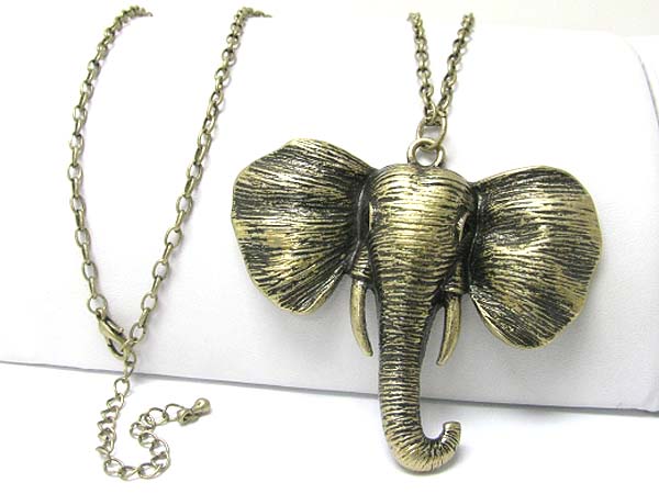 Burnish metal elephant sculpture pendant long chain necklace