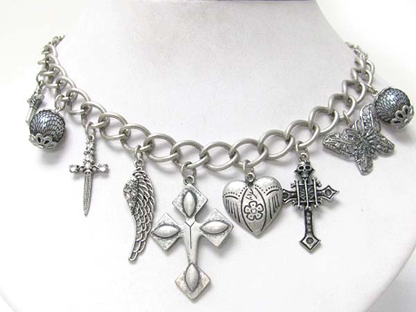 Cross wing and mixed multi charm dangle necklace